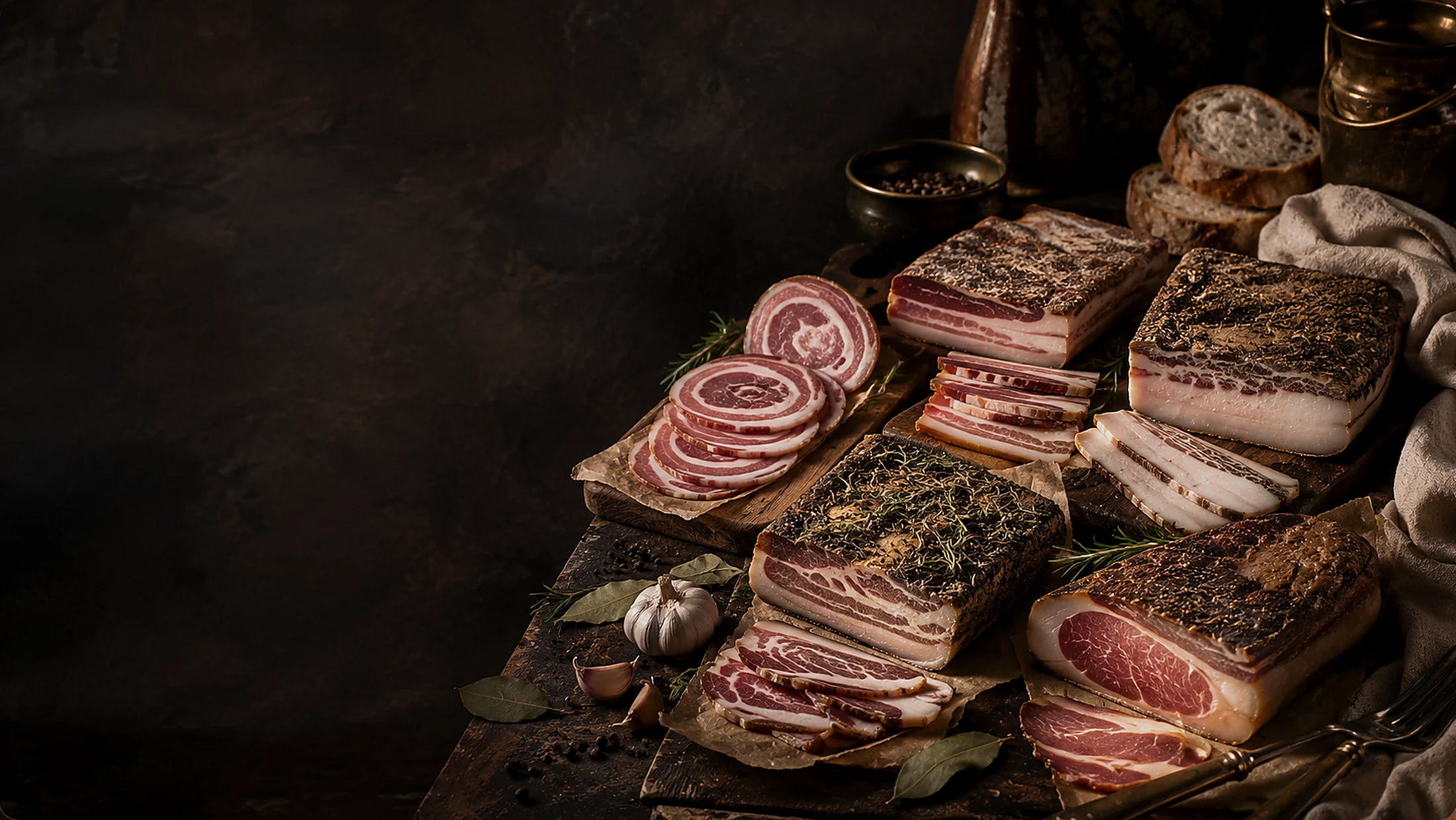 Five Cottonwood cured meat specialties arranged on an aged wooden table