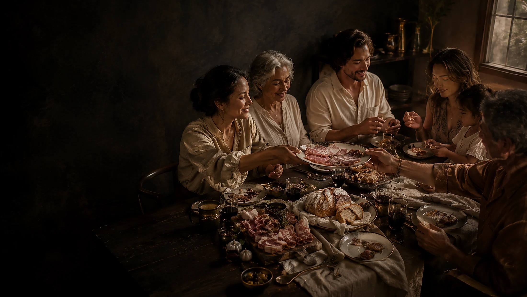 A multigenerational family sharing cured meats at a warm dinner table